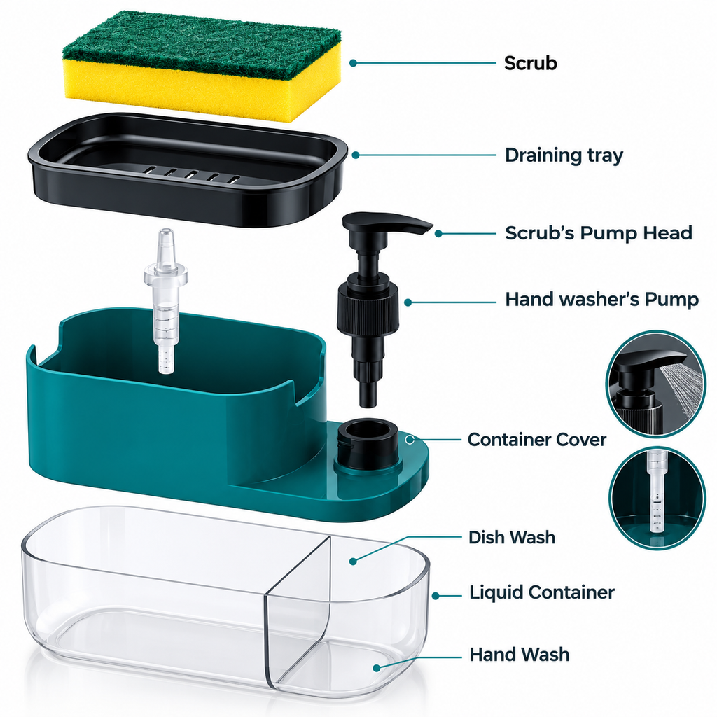 3-in-1 Plastic Soap Dispenser with Sponge Holder