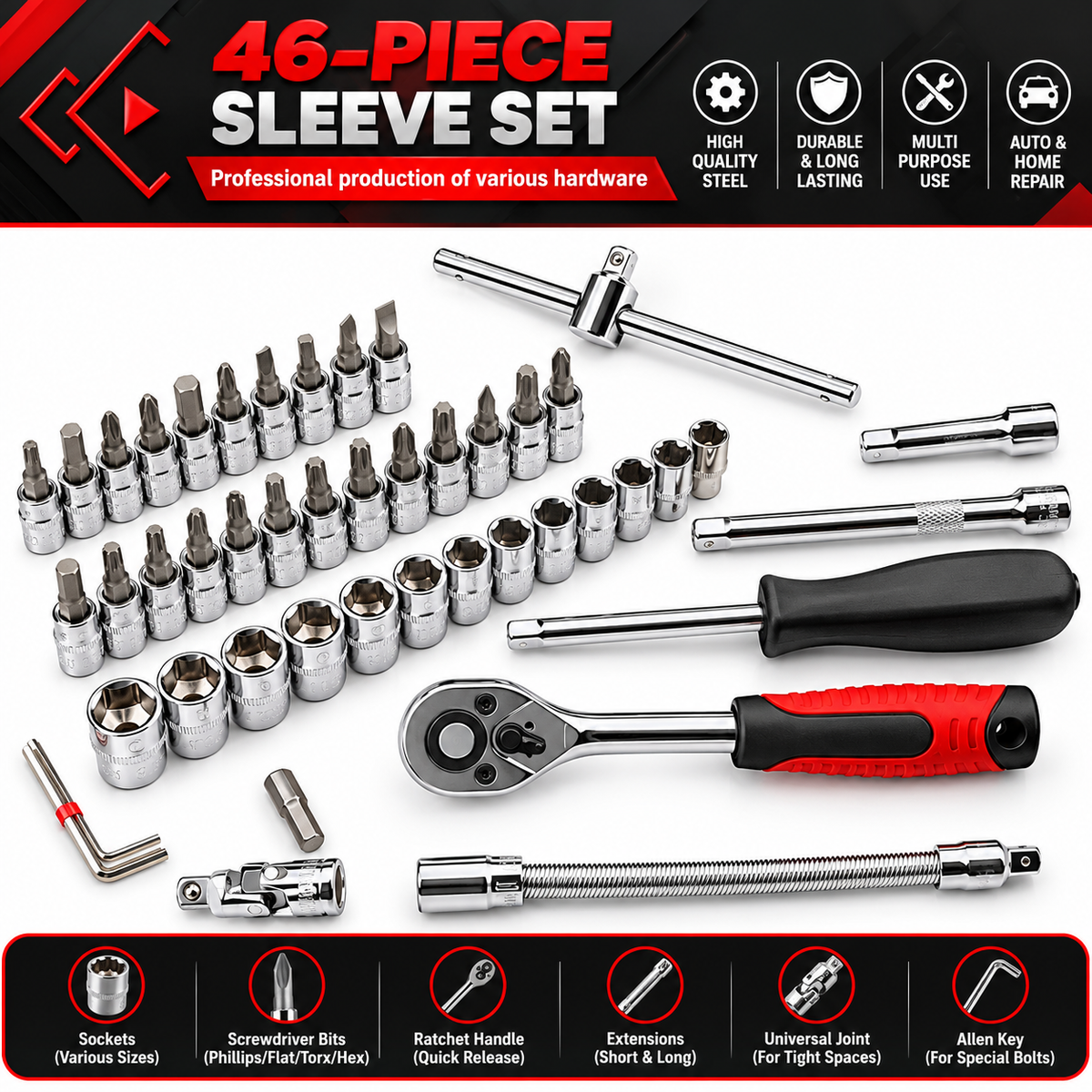 46-in-1 Multi-Purpose Tool Kit – Screwdriver, Socket & Ratchet Wrench Set