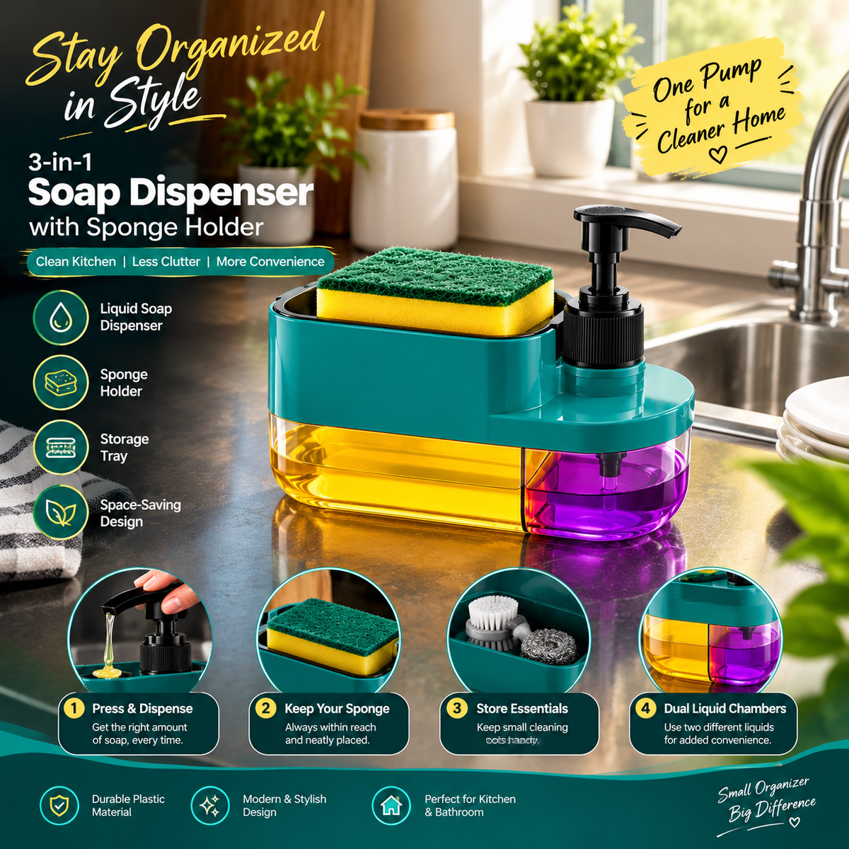 3-in-1 Plastic Soap Dispenser with Sponge Holder